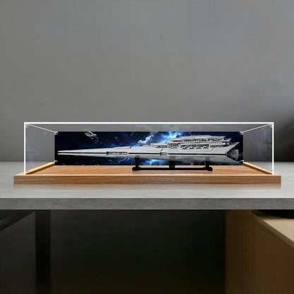 LEGO 75457 Executor Super Star Destroyer Mirror Display Case with Wood Grain Base and UV-Printed Themed Background