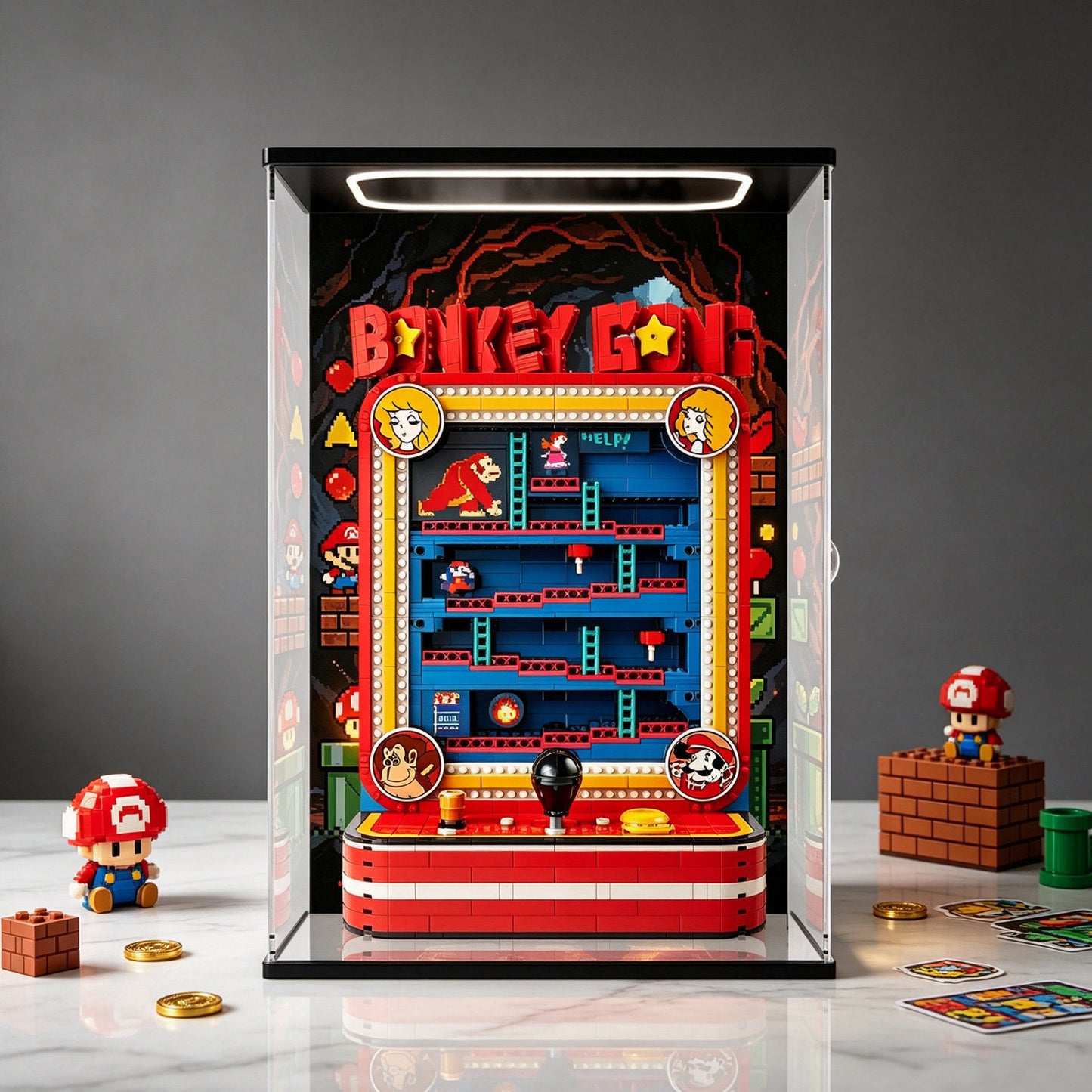 LEGO 72051 Donkey Kong Arcade Mirror Display Case with Ring Light and Themed Background