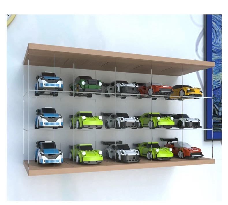 Wall-Mounted Acrylic Display Case for LEGO Speed Champions - Real Wood Base & Top, Sliding Door Dustproof Cabinet for Diecast Model Cars
