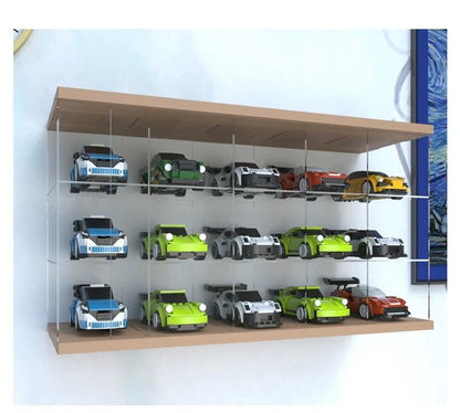 Wall-Mounted Acrylic Display Case for LEGO Speed Champions - Real Wood Base & Top, Sliding Door Dustproof Cabinet for Diecast Model Cars