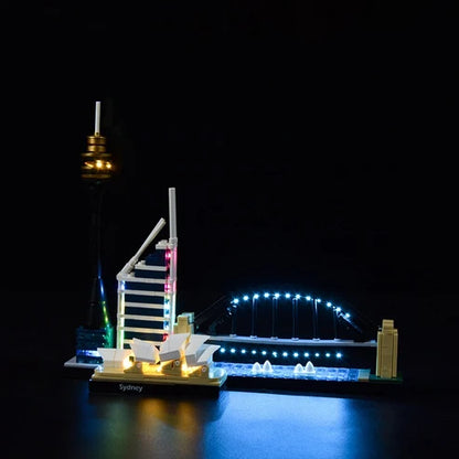 LEGO 21032 Sydney Vitrine de Présentation en Acrylique avec Miroir, Anneau Lumineux et Fond à Impression UV - Boîtier Anti-Poussière