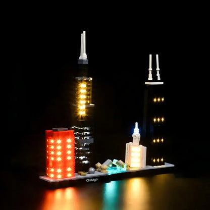 LEGO 21033 Chicago Mirror Acrylic Display Case with Ring Light & UV-Printed Background - Dustproof Showcase