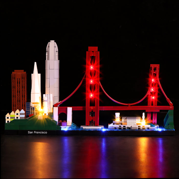 LEGO 21043 San Francisco Caixa de Exposição em Acrílico com Luz de Anel e Fundo Impresso em UV - Vitrine à Prova de Poeira