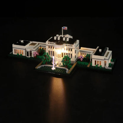 LEGO 21054 ホワイトハウス ミラーアクリル展示ケース リングライト＆UVプリント背景付き - 防塵ショーケース