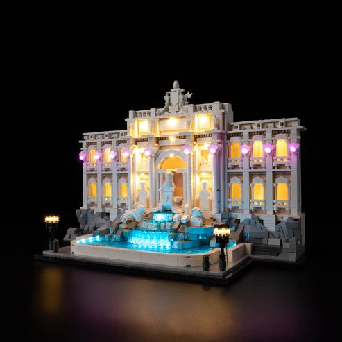 LEGO 21062 Trevi Fountain Mirror Acrylic Display Case with Ring Light & UV-Printed Background - Dustproof Showcase