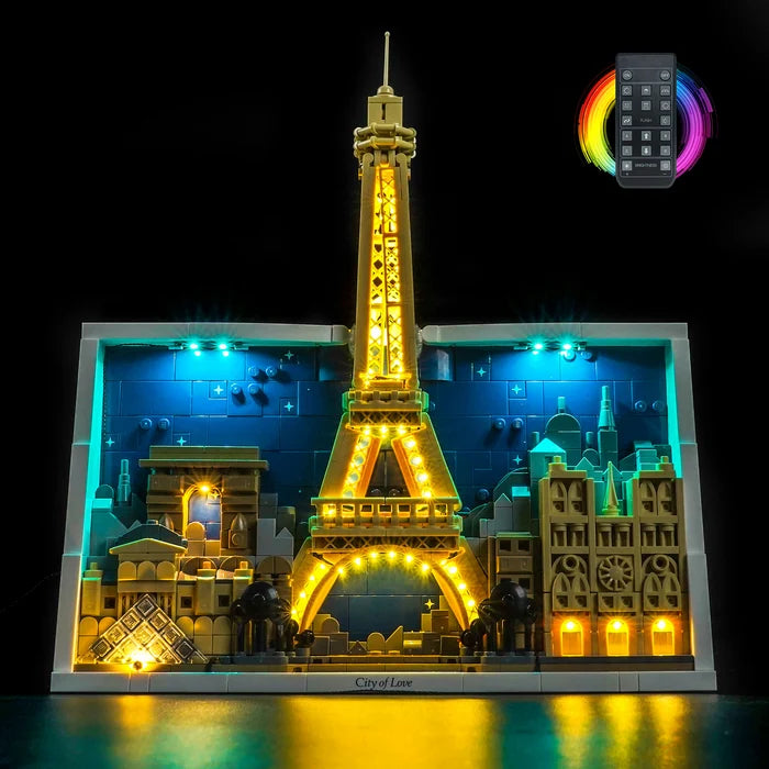 LEGO 21064 Paris - City of Love Mirror Acrylic Display Case with Ring Light & UV-Printed Background - Dustproof Showcase