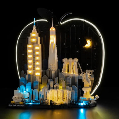 LEGO 21066 New York City - The Big Apple Mirror Acrylic Display Case with Ring Light & UV-Printed Background - Dustproof Showcase