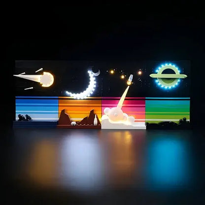 LEGO 21340 Contos da Era Espacial Caixa de Exibição Acrílica com Espelho com Luz de Anel e Fundo Impresso em UV - Vitrine à Prova de Poeira