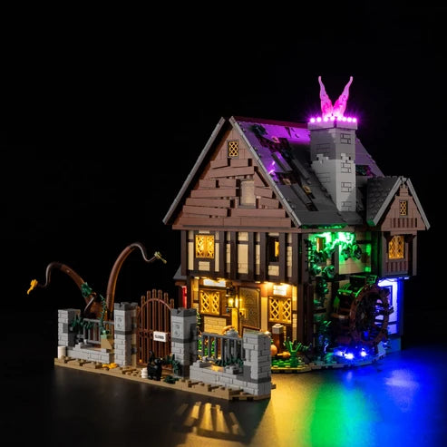 LEGO 21341 Disney Hocus Pocus: The Sanderson Sisters' Cottage Mirror Acrylic Display Case with Ring Light & UV-Printed Background - Dustproof Showcase
