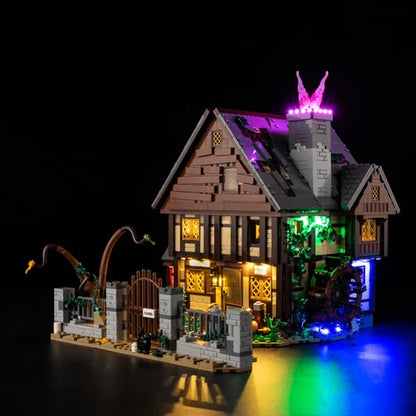 LEGO 21341 Disney Hocus Pocus: The Sanderson Sisters' Cottage Mirror Acrylic Display Case with Ring Light & UV-Printed Background - Dustproof Showcase