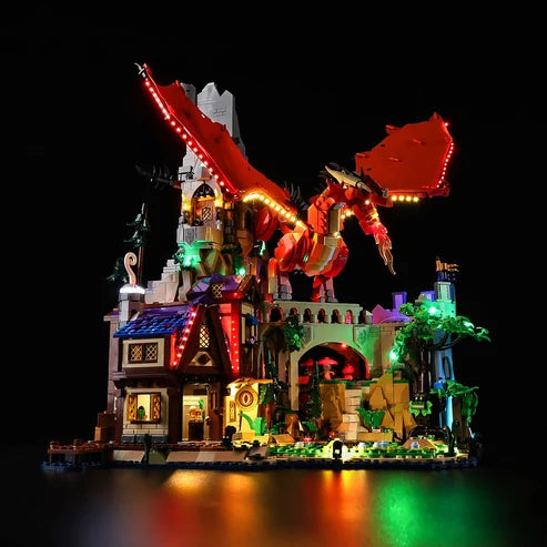 LEGO 21348 Dungeons & Dragons: A Lenda do Dragão Vermelho - Caixa de Exibição de Acrílico Espelhado com Luz de Anel e Fundo Impresso em UV - Vitrine à Prova de Poeira