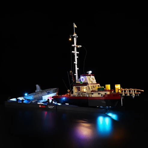 LEGO 21350 Caixa de Exibição de Acrílico com Espelho Jaws com Luz de Anel e Fundo Impresso em UV - Vitrine à Prova de Poeira