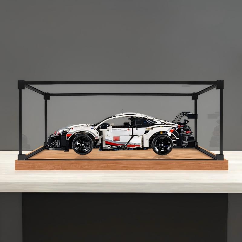Alloy transparent acrylic display case, 2cm high wood-grain base and black aluminum alloy frame (custom sizes supported)