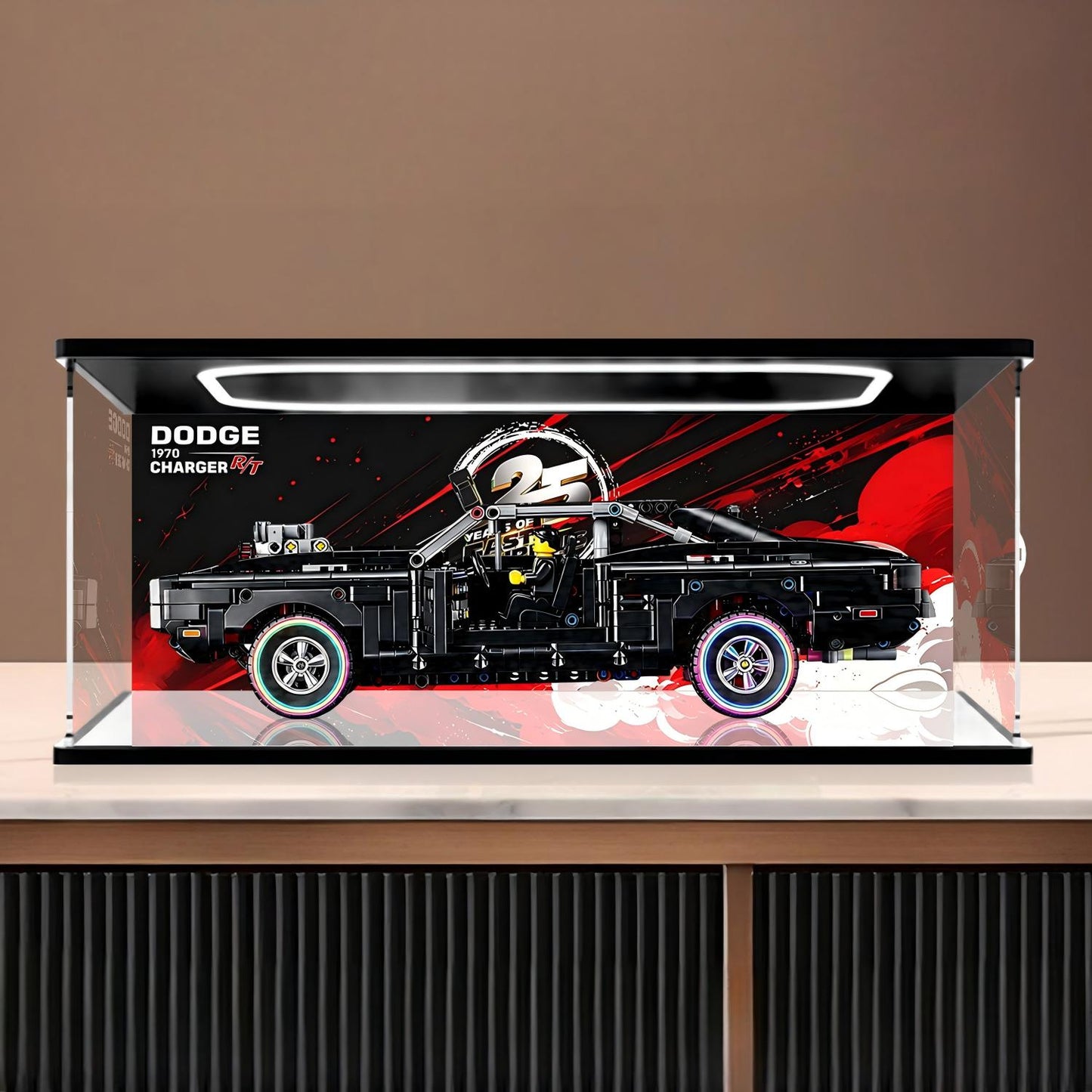 LEGO 42231 Dodge Charger R/T Mirror Display Case with Ring Light and Themed Background