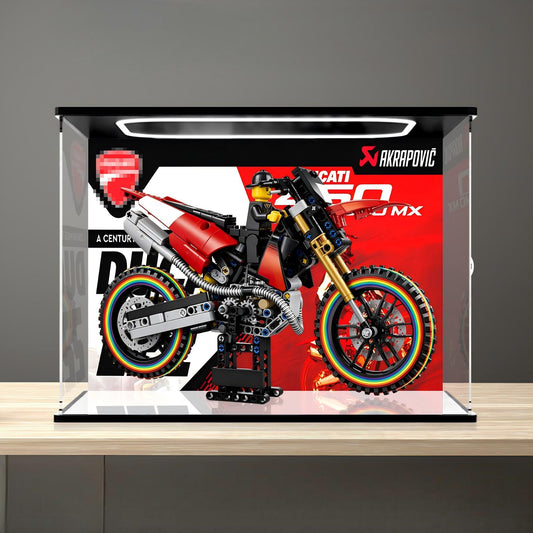 LEGO 42238 Ducati Desmo450 MX Factory Motorcycle Mirror Display Case with Ring Light and Themed Background