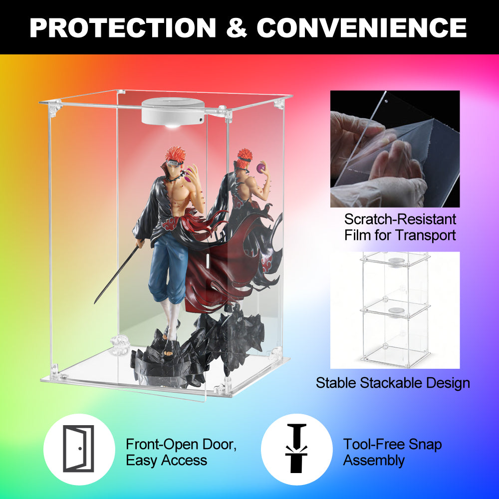 Premium 360° All-Clear Acrylic Display Case - 3mm Thick Transparent Box, Seamless Front-Opening Door, Dust-Proof for Collectibles (Up to 50cm)