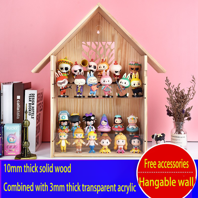Wooden Villa Doll House Display Case - Wall-Mounted & Desktop Showcase with 10mm Solid Wood - Clear Storage with Compartments for Pop Mart, Figures & Miniatures