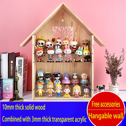 Wooden Villa Doll House Display Case - Wall-Mounted & Desktop Showcase with 10mm Solid Wood - Clear Storage with Compartments for Pop Mart, Figures & Miniatures