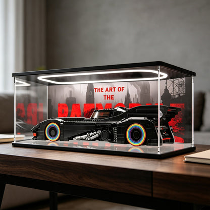 LEGO 76355 Batman Returns Batmobile Mirror Display Case with Ring Light and Themed Background
