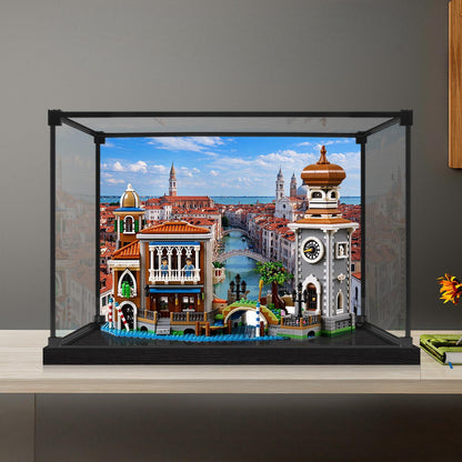LEGO 11388 Venetian Neighbourhood alloy frame display case with UV-printed background
