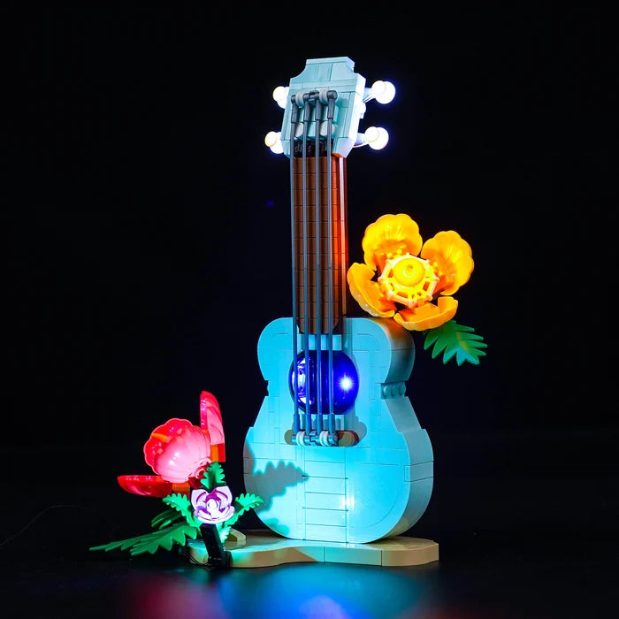 LEGO 31156 Custodia Espositiva Tropical Ukulele in Acrilico con Specchio, Anello Luminoso e Sfondo Stampato UV - Vetrina Antipolvere