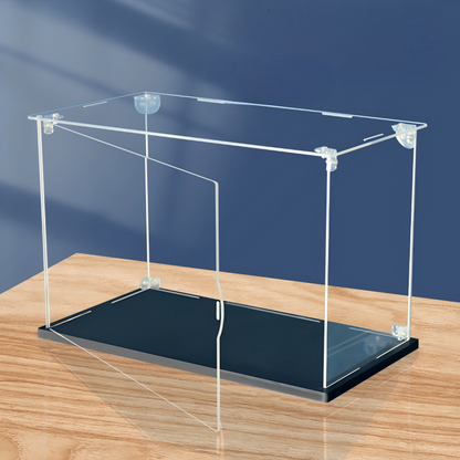 Vitrina de acrílico iluminada con LED y puerta corredera - Exhibidor transparente apilable para coleccionables, figuras de acción, maquetas - Luz anular blanca y base de madera plástica negra