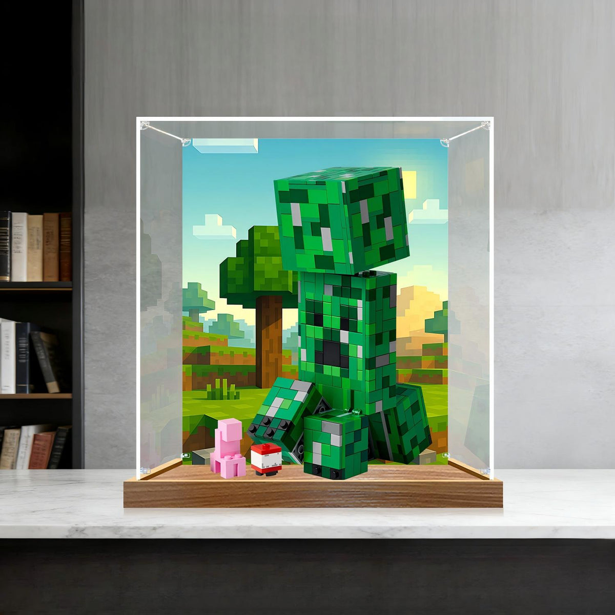 LEGO 21276 The Creeper Mirror Display Case with Wood Grain Base and UV-Printed Themed Background