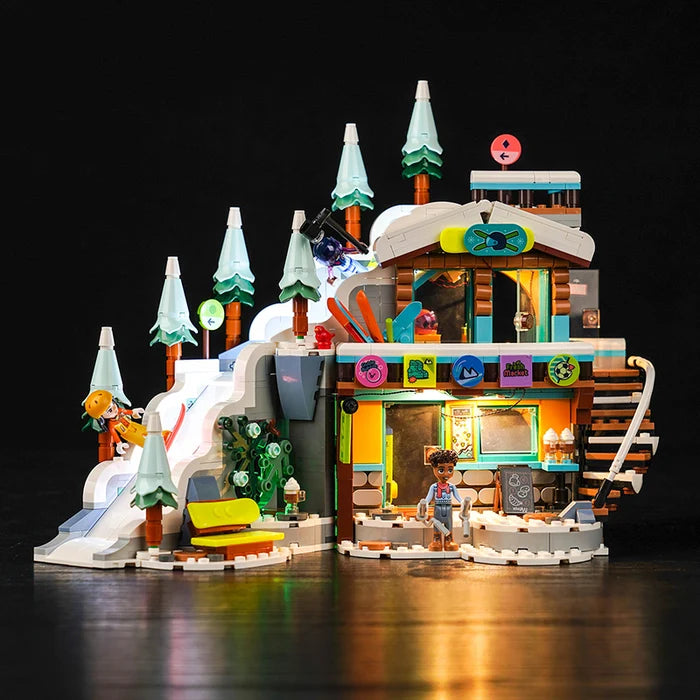 LEGO 41756 Holiday Ski Slope and Café Mirror Acrylic Display Case with Ring Light & UV-Printed Background - Dustproof Showcase