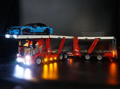 LEGO 42098 Car Transporter Vetrina Acrilica con Specchio con Anello Luminoso e Sfondo Stampato UV - Espositore Antipolvere