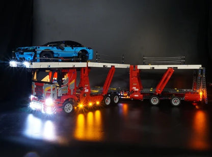 LEGO 42098 Car Transporter Vetrina Acrilica con Specchio con Anello Luminoso e Sfondo Stampato UV - Espositore Antipolvere