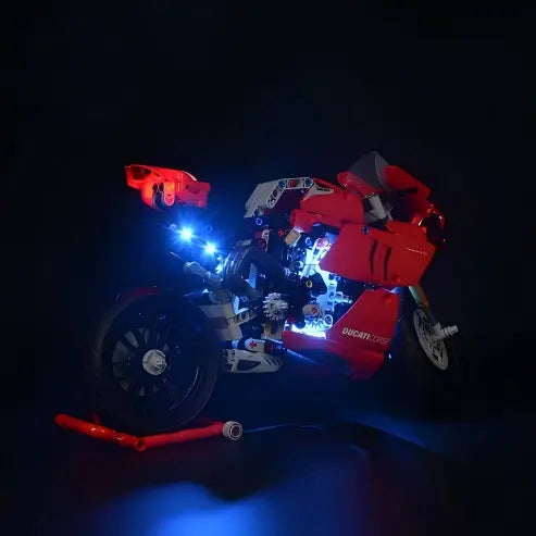 LEGO 42107 Ducati Panigale V4 R Spiegel Vitrine mit Ringlicht & UV-bedrucktem Hintergrund - Staubdichte Ausstellung