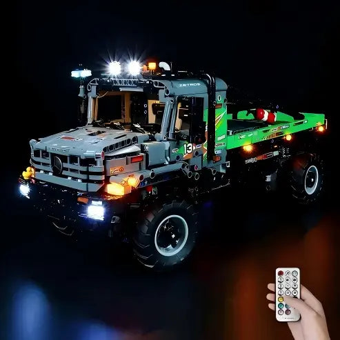 LEGO 42129 4x4 Mercedes-Benz Zetros Trial Truck Mirror Acrylic Display Case with Ring Light & UV-Printed Background - Dustproof Showcase