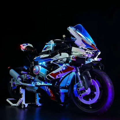 LEGO 42130 BMW M 1000 RR ミラーアクリルディスプレイケース リングライト＆UVプリント背景付き - 防塵ショーケース