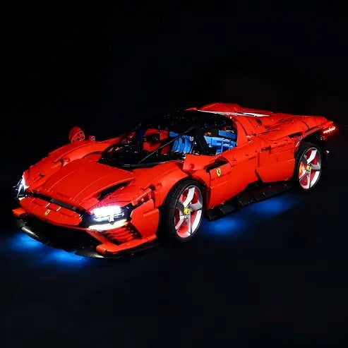 LEGO 42143 Ferrari Daytona SP3 Acryl-Vitrine mit Ringlicht & UV-bedrucktem Hintergrund - Staubdichte Ausstellungsvitrine