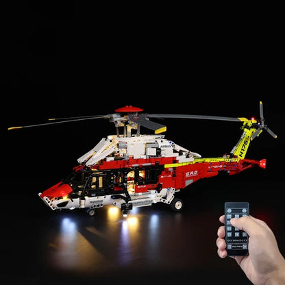 LEGO 42145 Airbus H175 Rescue Helicopter Custodia Espositiva in Acrilico Specchiato con Anello Luminoso e Sfondo Stampato UV - Vetrina Antipolvere