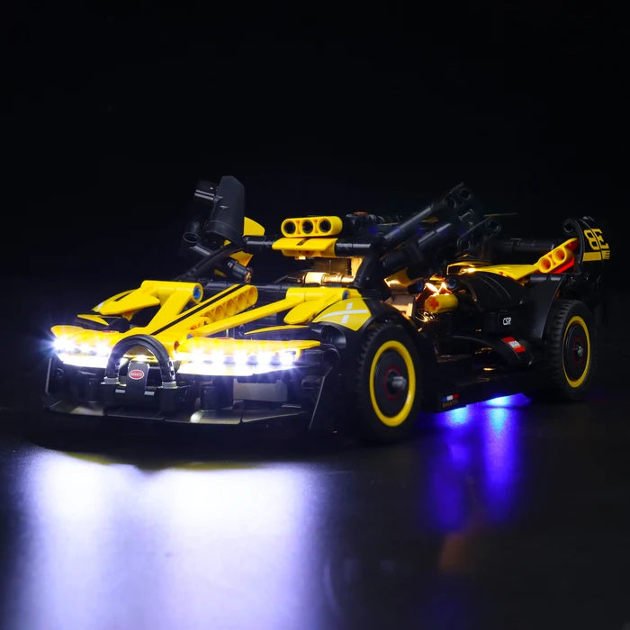 LEGO 42151 Bugatti Bolide Akryl Udstillingsæske med Ringlys og UV-printet Baggrund - Støvtæt Vitrine