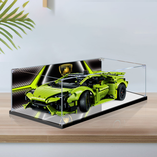 Professional Acrylic Display Case for LEGO 42161 Lamborghini Huracan, with Themed UV Printing Background & Dustproof Box