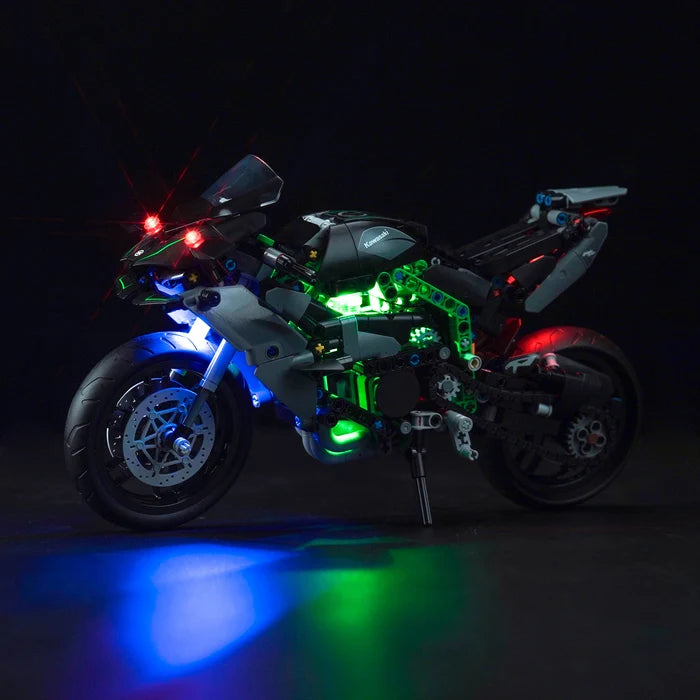 LEGO 42170 Kawasaki Ninja H2R Caixa de Exibição Acrílica com Luz de Anel e Fundo Impresso em UV - Vitrine à Prova de Poeira
