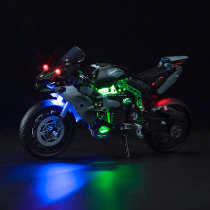 LEGO 42170 Kawasaki Ninja H2R Caixa de Exibição Acrílica com Luz de Anel e Fundo Impresso em UV - Vitrine à Prova de Poeira