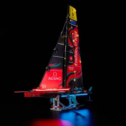 LEGO 42174 Emirates Team New Zealand AC75 Yacht Vitrine Acrílica com Anel de Luz e Fundo UV - Expositor à Prova de Poeira