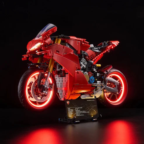 LEGO 42202 Ducati Panigale V4 S Vitrine de Exibição em Acrílico com Espelho, Luz Anelar e Fundo Impresso em UV - Vitrine à Prova de Poeira
