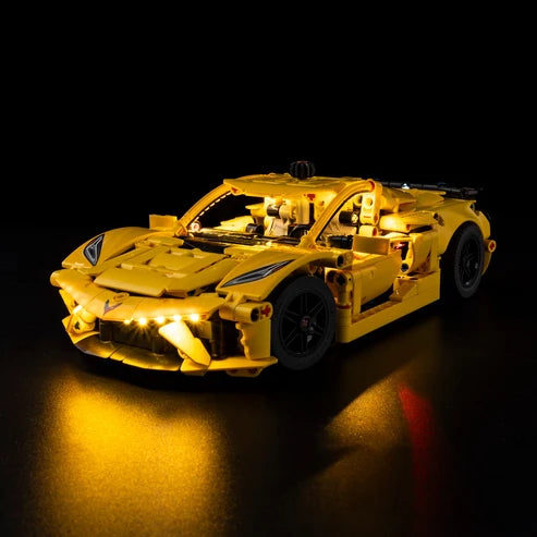 LEGO 42205 Chevrolet Corvette Stingray Mirror Acrylic Display Case with Ring Light & UV-Printed Background - Dustproof Showcase