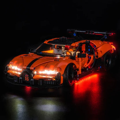 LEGO 42222 Bugatti Chiron Pur Sport Mirror Acrylic Display Case with Ring Light & UV-Printed Background - Dustproof Showcase