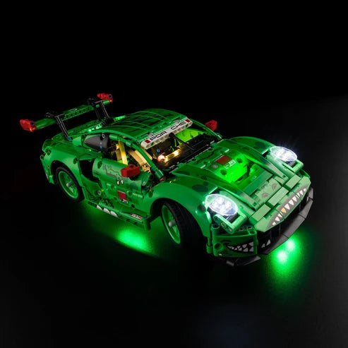 LEGO 42224 Porsche 911 GT3 R REXY AO Racing Vitrine de Exibição em Acrílico Espelhado com Anel de Luz e Fundo Impresso em UV - Vitrine à Prova de Poeira