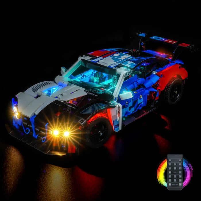 LEGO 42226 BMW M4 GT3 EVO 镜面亚克力展示盒，带环形灯和UV印刷背景 - 防尘展示柜