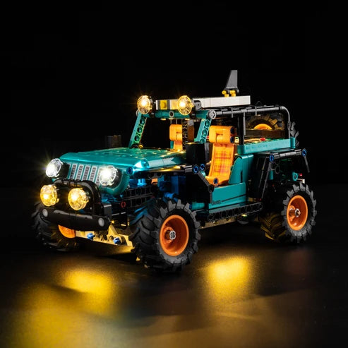 LEGO 42227 Jeep Wrangler Rubicon Mirror Acrylic Display Case with Ring Light & UV-Printed Background - Dustproof Showcase