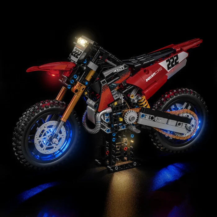 LEGO 42238 دوكاتي ديزمو450 MX مصنع دراجة نارية مرآة عرض أكريليك مع ضوء حلقي وخلفية مطبوعة بالأشعة فوق البنفسجية - خزانة عرض مضادة للغبار
