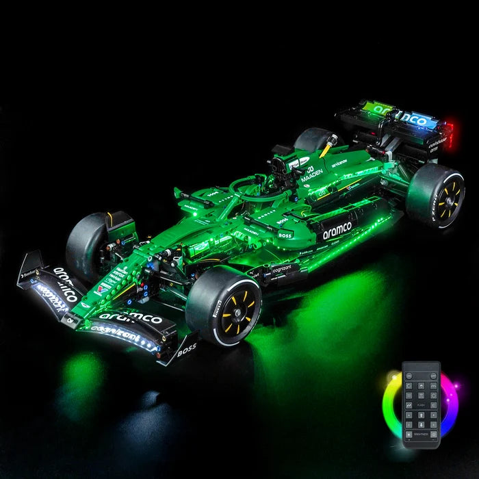 LEGO 42240 Aston Martin F1 AMR25 Spiegel-Acryl-Vitrinen-Display mit Ringlicht & UV-bedrucktem Hintergrund - Staubgeschützte Vitrine