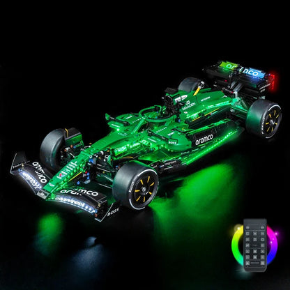 LEGO 42240 Aston Martin F1 AMR25 Spiegel-Acryl-Vitrinen-Display mit Ringlicht & UV-bedrucktem Hintergrund - Staubgeschützte Vitrine