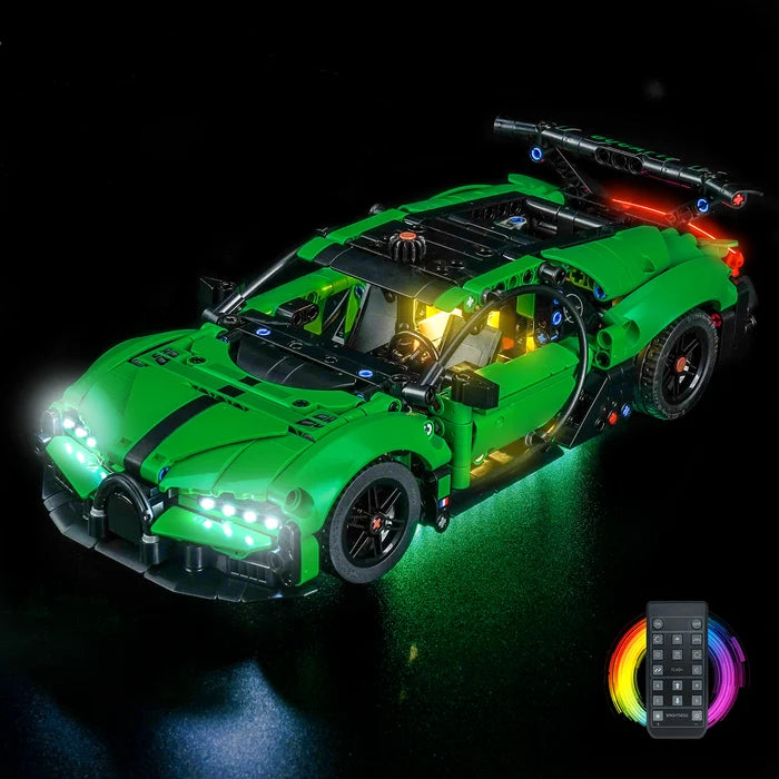 LEGO 42241 Technic Green Bugatti Chiron Pur Sport Hypercar Montre Akryl Display Etui med Ringlys og UV-printet Baggrund - Støvtæt Vitrine